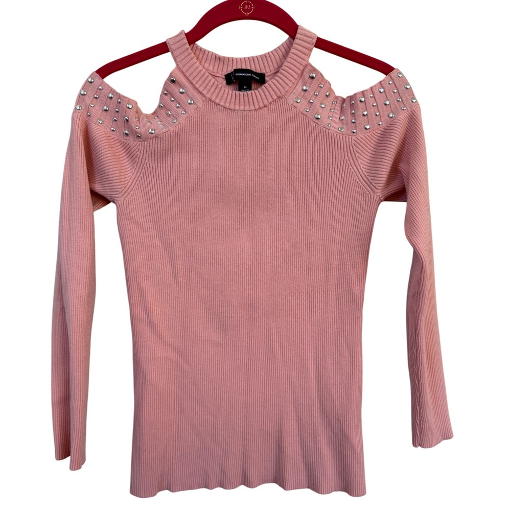 INC International Concepts Pink Cold‎ Shoulder Sweater Sz M Studded Ribbed Y2K